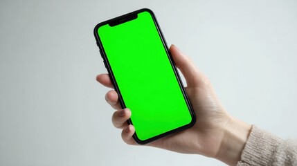 A person holding a smartphone with a green screen, perfect for app development or digital mockups.