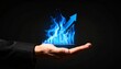 © 문용 최 - A rising chart in the shape of a blue flame rising above a man's hand on a dark background