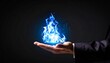 © 문용 최 - A rising chart in the shape of a blue flame rising above a man's hand on a dark background