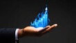 © 문용 최 - A rising chart in the shape of a blue flame rising above a man's hand on a dark background