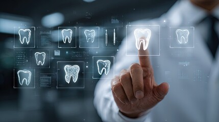 doctor selecting highlighted virtual tooth icon among multiple options on futuristic interface repre