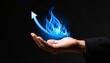 © 문용 최 - A rising chart in the shape of a blue flame rising above a man's hand on a dark background