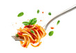 © PNG HAP HAP - spaghetti floating in the air with tomato sauce, and basil  isolated on a transparent background