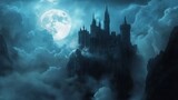 Mysterious floating castle under moonlight