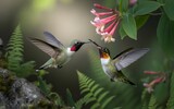 Two ruby-throated hummingbirds hovering in flight approaching a pink honeysuckle flower in a natural green habitat