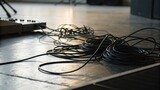Disordered Black Cables on Stage Floor in Soft Light Setting