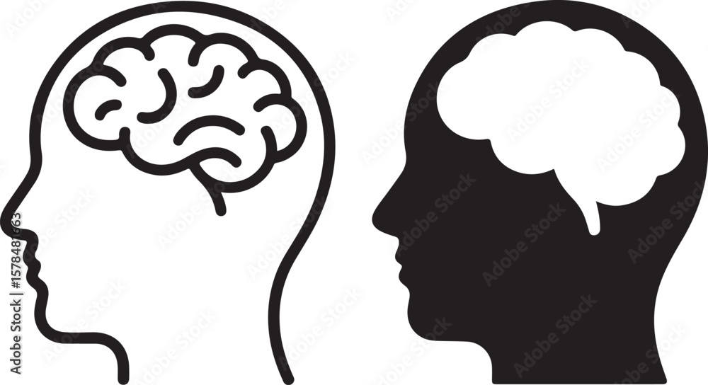 Mind Side Vector Set of Head with brain symbol icon , outline and flat style , Brain or ...