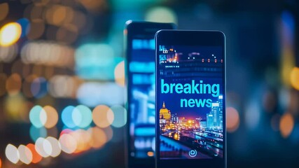 Wall Mural - two cell phones are displayed with the words breaking news on the screen. the image has a cityscape 
