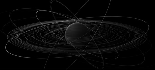 Minimalist black hole sphere surrounded by dynamic orbital rings on dark background. Abstract composition evokes concepts of physics, gravity, atomic structure, and futuristic space. Vector.