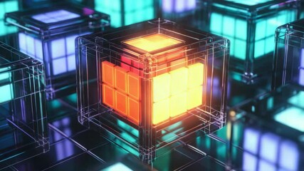 Wall Mural - Colorful digital cubes in a grid formation on an electronic background, with neon lights creating a futuristic ambiance. Abstract 3D rendering for modern tech or cyberpunk themes.