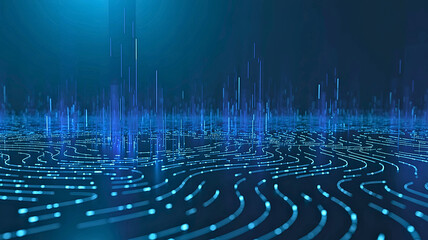 Futuristic digital business technology with glowing data streams and fingerprint security.