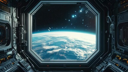 Wall Mural - stunning view of earth from a spaceship window, captured at eye-level. the video showcases a serene,
