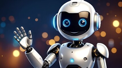 Friendly white robot waves in a bokeh-lit, dark blue/gold setting