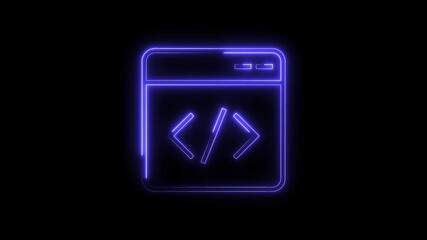 Neon coding symbol animation revealing program development and software engineering on black background