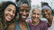 © Johannes - Happy multi generational women having fun together - Multiracial friends smiling on camera after sport workout outdoor - Main focus on african female face, no logos, no brands