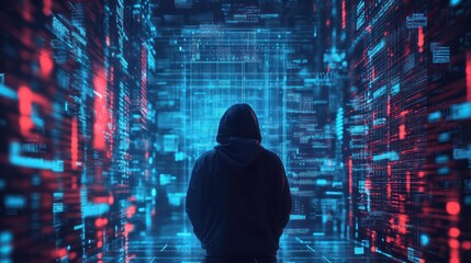 Hooded figure amidst walls of intricate glowing digital information streams