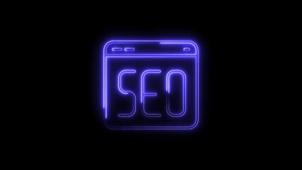 Neon seo browser window icon glows vividly on black background animated element