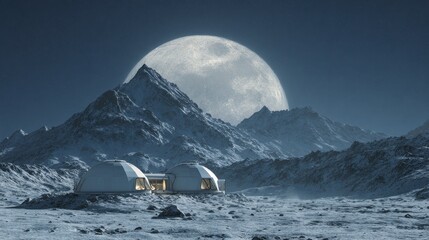 Wall Mural - Futuristic Lunar Base Against Majestic Moon Landscape at Night