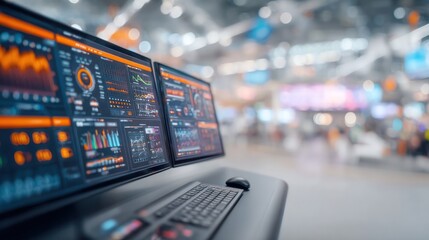 Wall Mural - Modern Data Analysis: An array of computer screens display real-time data visualizations and complex information, symbolizing the cutting edge of technological advancement and information processing.