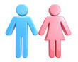 © Alice a. - Blue male symbol and pink female symbol, glossy 3D figures, standing side by side, isolated on transparency background, representing gender, equality, and restroom signage concepts