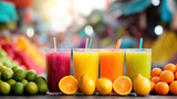 Four glasses of colorful fresh fruit juices with straws, surrounded by a variety of citrus fruits, displayed on a market stall.