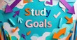 © antishock - Bright colorful display features study goals text. Paper arrows, pencils create cheerful learning environment. Positive vibes abound.