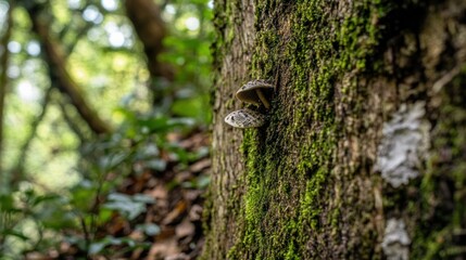 Close-up of a mushroom on a mossy tree trunk in a forest
