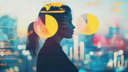 Wall Mural - Female figure in contemplative pose with digital city backdrop, emphasizing connection between human and technological environments.