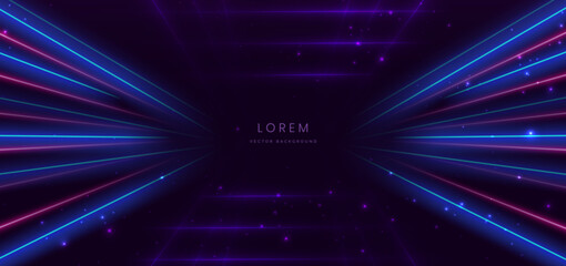 Wall Mural - elegant glowing purple blue and pink lighting effect lines diagonal on dark purple background.