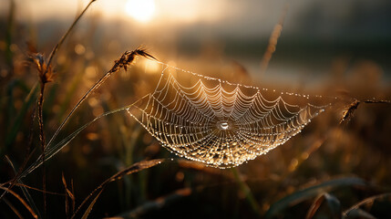 Dew-covered spider web draped over grass at sunrise