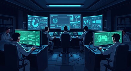 Futuristic control center with data analysts working on multiple computer screens