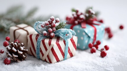 Wall Mural - festive christmas gifts wrapped in red and blue, adorned with berries and snow, set against a snowy 