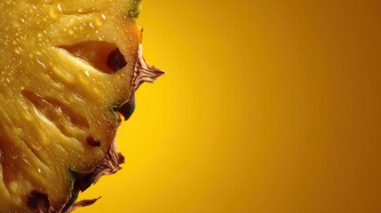 Wall Mural - Close-up of a fresh pineapple slice with water droplets against a vibrant yellow background.