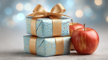 Wall Mural - Two blue gift boxes with gold ribbons next to a red apple against a bokeh background.