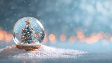 Wall Mural - A festive snow globe with a decorated Christmas tree inside, surrounded by snow, set against a blurred background with warm lights.