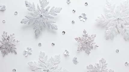 Wall Mural - Silver and white glitter snowflakes and sequins on a white background, creating a festive and elegant winter theme.
