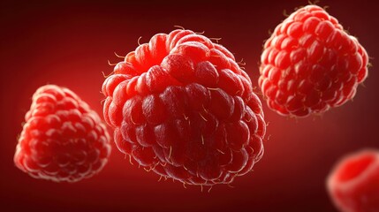 Wall Mural - Close-up of three vibrant raspberries floating against a deep red background, highlighting their texture and freshness.