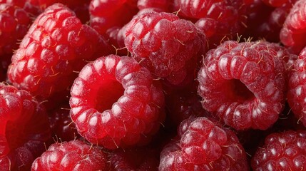 Wall Mural - Close-up of fresh, ripe raspberries showcasing their vibrant red color and detailed texture.