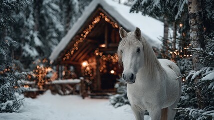 Wall Mural - A white horse stands in a snowy forest near a log cabin adorned with festive lights, creating a serene winter scene.