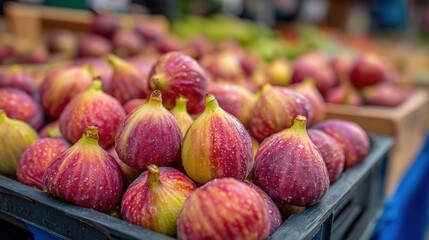 Wall Mural - Fresh figs displayed in a market stall, showcasing their vibrant purple and green hues under natural light.