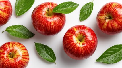 Wall Mural - Fresh red apples and green leaves arranged on a white background, showcasing vibrant colors and crisp textures.