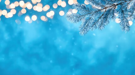 Wall Mural - festive winter scene with snowy pine branches and blurred golden lights on a vibrant blue background
