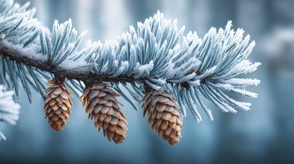 Poster - Close-up of snow-dusted pine cones on a frosty evergreen branch, capturing the serene beauty of winter nature.
