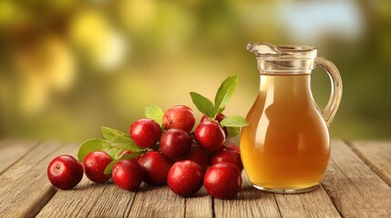Wall Mural - A glass pitcher of apple cider sits on a wooden table beside a pile of fresh red apples with leaves, set against a blurred natural background.