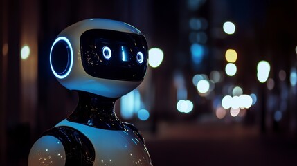 Poster - futuristic robot standing on a city street at night.