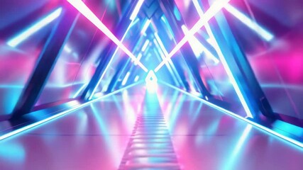 Wall Mural - Vivid neon tunnel with staircases and intricate design, futuristic light effects. Cyberpunk and sci-fi inspired.