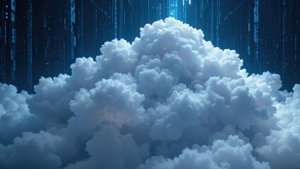 Wall Mural - Fluffy Clouds Surrounded By Digital Data Streams Under Bright Blue Illumination