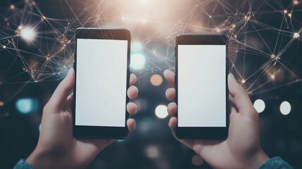 Two hands holding smartphones with blank screens against a bokeh background showing network connection.