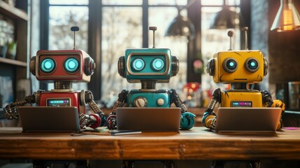 Poster - three retro robots using laptops at a wooden table.