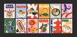 © Limpreom - Japanese asian culture posters in minimalist style. Cartoon traditional motifs, sushi, geisha, koi fish, sakura blossoms and ramen. Wall decor, trendy banners. Decor of wallpaper, print and placard